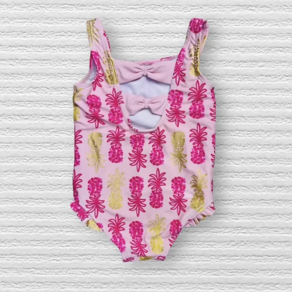 🍄 3/$15 Kiko & Max Swimsuit Girls 12M Pink Pineapple One Piece Bow Back Ruffle